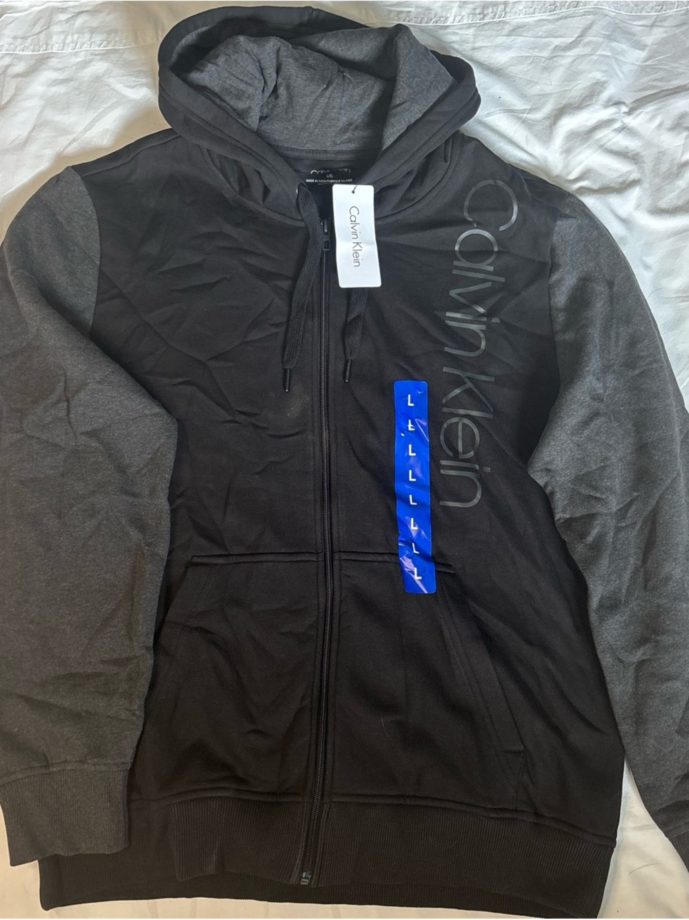 Calvin Klein Men’s Black Body with Gray Sleeves Zip-Up Hoodie